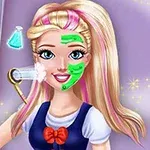 A cartoon girl with long blonde hair and pink highlights smiles while getting a facial treatment, surrounded by beauty tools and sparkles in a bright, colorful setting