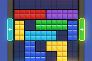A colorful grid featuring various interlocking blocks in different shapes and colors, with blue borders on the left and right allowing for horizontal movement
