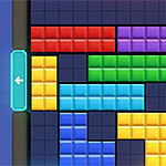 A colorful grid featuring various interlocking blocks in different shapes and colors, with blue borders on the left and right allowing for horizontal movement