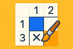 A vibrant yellow background features a grid of white and blue squares with numbers, one highlighted in blue, alongside a paintbrush icon, suggesting creativity and puzzle-solving