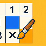 A vibrant yellow background features a grid of white and blue squares with numbers, one highlighted in blue, alongside a paintbrush icon, suggesting creativity and puzzle-solving