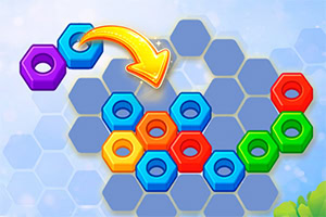 Colorful hexagonal nuts on a blue honeycomb grid with a curved yellow arrow indicating a move
