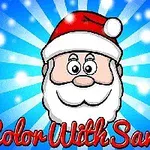 A cheerful, cartoon-style Santa Claus with a red hat and white beard is set against a bright blue background with rays and snowflakes, featuring the text Color With Santa at the bottom