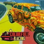 A vibrant, retro-styled car with a colorful circular pattern is racing on a brightly colored track, accompanied by another car in the background, featured in a playful video game setting