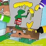 A cartoon frog in colorful shorts paints a vibrant artwork while surrounded by nature, with another scene showing a person and a bird nearby, emphasizing creativity and a playful atmosphere