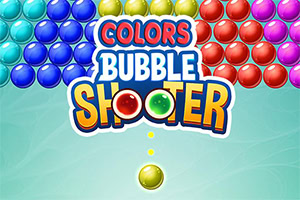 Colorful bubble clusters surrounding a Colors Bubble Shooter logo above a single yellow bubble on a teal background
