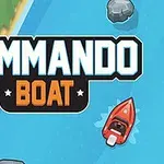 The image features a colorful cartoon-style graphic of a river with a small red boat navigating around rocks, accompanied by the text Commando Boat prominently displayed at the top