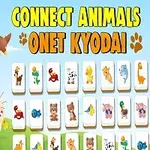 A colorful game interface featuring animal-themed tiles with the title Connect Animals Onet Kyodai prominently displayed, set against a bright, cheerful background with cartoon animals