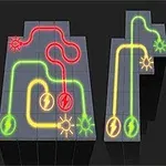 The image features three interconnected puzzle sections with glowing pathways in red, yellow, and green, leading to power symbols and light sources on a dark background