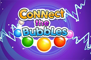 Colorful Connect the Bubbles text with bright bubbles on a purple spiral background with electric zigzag lines