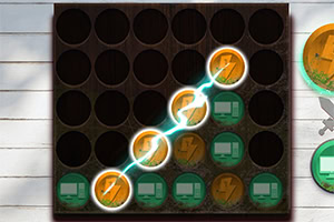 A grid with circular slots featuring a combination of green and orange tokens, with a glowing line indicating a connection between some tokens
