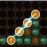 A grid with circular slots featuring a combination of green and orange tokens, with a glowing line indicating a connection between some tokens