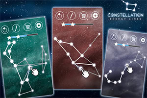 A digital interface showing three panels with star constellations and interactive elements for a game or app titled Constellation: Energy Links