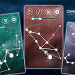 A digital interface showing three panels with star constellations and interactive elements for a game or app titled Constellation: Energy Links