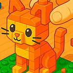 A colorful, blocky orange cat made from building blocks, with a playful expression, sits on a green base surrounded by scattered blocks on a wooden surface