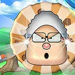 A cartoonish character resembling a cookie with glasses and surprised facial expression is featured in a whimsical landscape, surrounded by trees and a flying disc above, emitting light effects