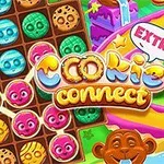 A colorful game board featuring various cookie-shaped candies and a playful monkey character, prominently displaying the title Cookie Connect with vibrant graphics and a whimsical design