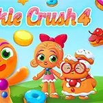 The image features colorful cartoon characters from Cookie Crush 4, including a cheerful gingerbread figure, a girl in a red bow, and a cookie-themed character, set against a vibrant background filled with various sweets and treats