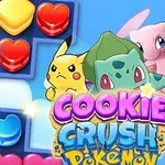 A colorful game interface featuring various candy-like icons, including hearts and donuts, alongside Pokémon characters like Pikachu and Bulbasaur, with the title Cookie Crush Pokémon prominently displayed