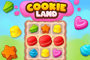 A colorful grid filled with various shaped confections, including stars, hearts, and macarons, set against a pastel background with the text COOKIE LAND in a playful font