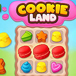 A colorful grid filled with various shaped confections, including stars, hearts, and macarons, set against a pastel background with the text COOKIE LAND in a playful font
