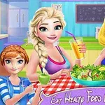 A vibrant illustration featuring three animated characters in a kitchen, enjoying healthy food and drinks after a workout, with a salad and smoothie prominently displayed