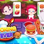 The image features a colorful game interface for Cooking Fever, showcasing a chef holding a burger and fries, with two customers visible in the background waiting for their food orders