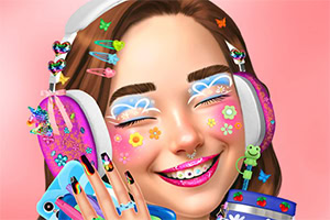 Smiling woman wearing colorful headphones and glittery makeup, with butterfly hair clips and bright nail polish against a pink background