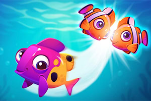 A vibrant underwater scene featuring a large, purple and orange fish accompanied by two smaller, bright orange fish with captivating eyes, all set against a blue aquatic background