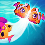 A vibrant underwater scene featuring a large, purple and orange fish accompanied by two smaller, bright orange fish with captivating eyes, all set against a blue aquatic background