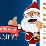 A cheerful cartoon Santa Claus gives a thumbs up next to a playful Count and Match Christmas title, with an array of colorful gift icons displayed on the right