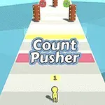 A colorful game interface featuring a character on a path with obstacles and the title Count Pusher prominently displayed