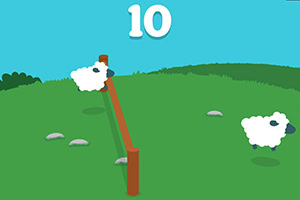 A colorful cartoon landscape featuring two fluffy sheep, a wooden fence, and a bright blue sky with the number 10 displayed prominently above