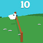 A colorful cartoon landscape featuring two fluffy sheep, a wooden fence, and a bright blue sky with the number 10 displayed prominently above