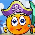 A cartoon orange character wearing a purple pirate hat adorned with a skull and crossbones, holding a green sword, set against a tropical background with palm trees