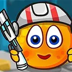 A cute, cartoonish orange character with big blue eyes, wearing a helmet with red stripes and holding a futuristic gun, set against a colorful background