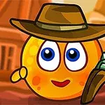 A cheerful yellow character with large blue eyes, resembling cheese, wears a brown cowboy hat and holds a small knife, set against a desert backdrop