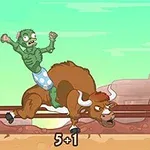 A cartoon zombie in swim trunks rides a brown bull in a desert setting, with a hat flying in the air and a score of 5+1 displayed at the bottom