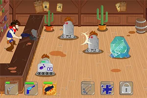 Cartoon western saloon interior with a bandit aiming a gun, two cactus pots, two metal traps, a large blue crystal rock, scattered floor stains, and a row of tool icons along the bottom