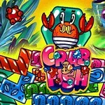 A colorful cartoon-style illustration featuring a cheerful crab character amidst vibrant underwater elements, with the title Crab Fish prominently displayed in playful lettering