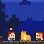 A pixelated scene featuring two blocky characters beside a campfire, set against a nighttime background with trees and a dark blue sky