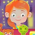 A cheerful girl with orange hair is seen in a colorful arcade setting, surrounded by stuffed animals, including teddy bears and a green voodoo doll, conveying a playful atmosphere