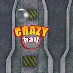 The image features a game interface showcasing the title CRAZY ball in bold, colorful text above a metallic ball and a textured background with gray concrete and yellow striped hazard markings