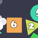 The image features colorful geometric shapes, including circles and triangles, with various numbers displayed prominently, set against a dark background, suggesting a puzzle or game interface