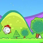 A cartoon-style chicken with a red comb is flying through a vibrant landscape featuring green hills, colorful trees, and a blue sky with a few stars