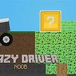 The image features a pixelated character driving a vehicle over a ramp in a blocky terrain, with a question mark block and the text CRAZY DRIVER NOOB prominently displayed