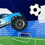 A blue monster truck jumping over a soccer ball in a brightly lit stadium setting with a goal in the foreground