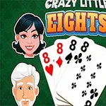 The image features the game title Crazy Little Eights with four cartoon characters and playing cards showing the number eight, set against a green background