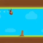 An animated scene featuring a red bird flying through a blue sky with a tree and a wooden crate, reminiscent of a mobile game level