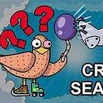 A cartoonish bird on roller skates holds a strange object while a whimsical airplane flies above, surrounded by question marks and the text CRAZY SEAGULL
